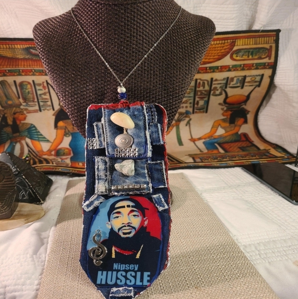 Upcycled Denim Fabric Nipsey Hussel Junk Necktie Necklace